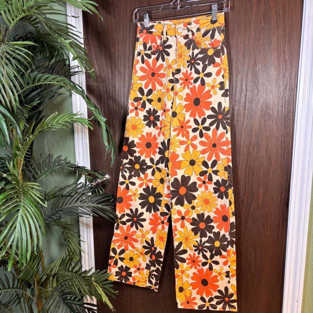 Bailey Rose Groovy Floral Print Wide Leg Pants XS Retro Boho Statement